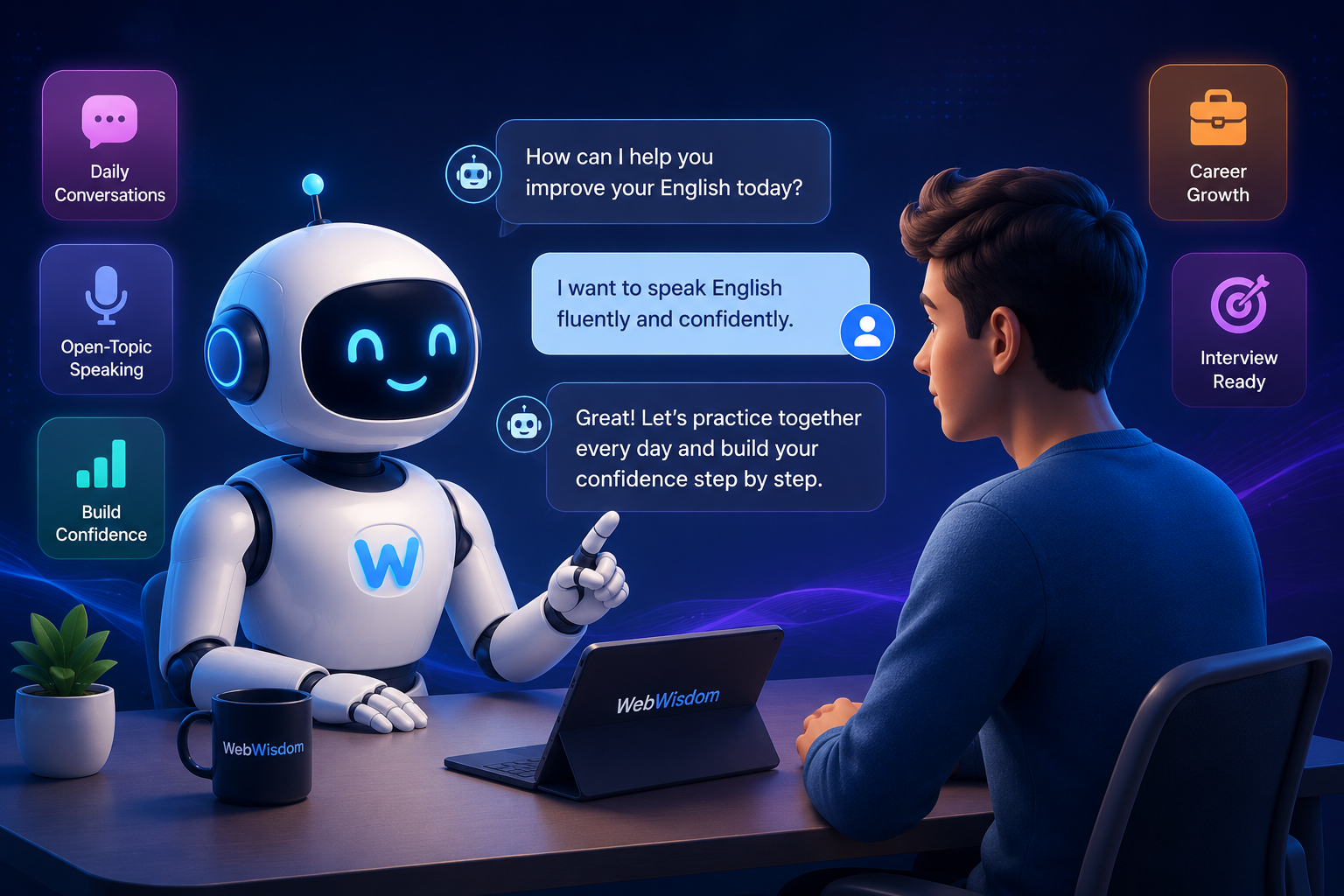 WebWisdom AI learning assistant helping a learner practice English